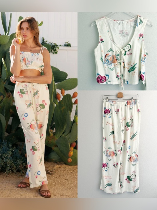 Cali1850 Pants - Cali 1850 Set White Tropical Floral Sleeveless Tie-Front Top and Wide Leg Pants
